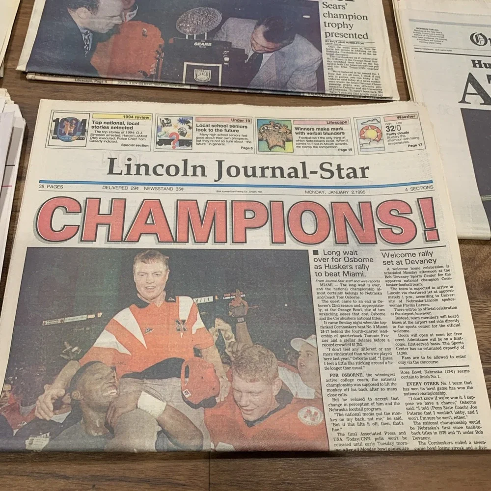 Rare Vintage 1994 Nebraska Football National Championship Lincoln Journal Star